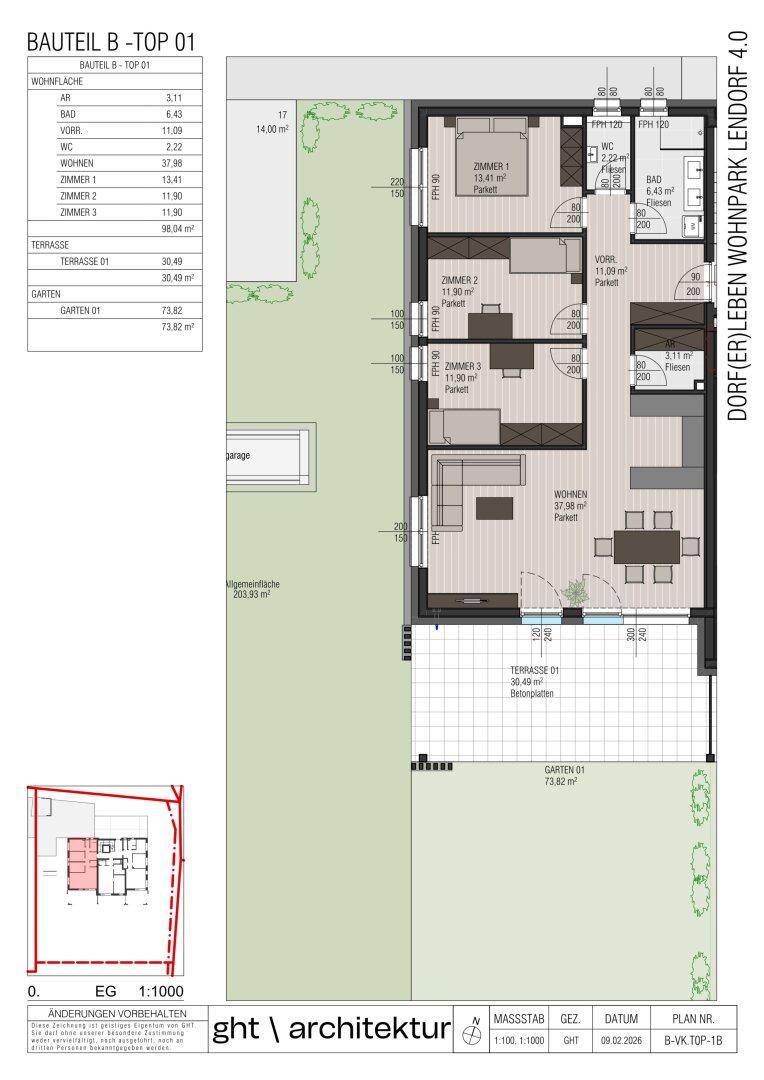 Grundriss einer Erdgeschosswohnung mit drei Schlafzimmern, Terrasse und großem Gartenanteil.
