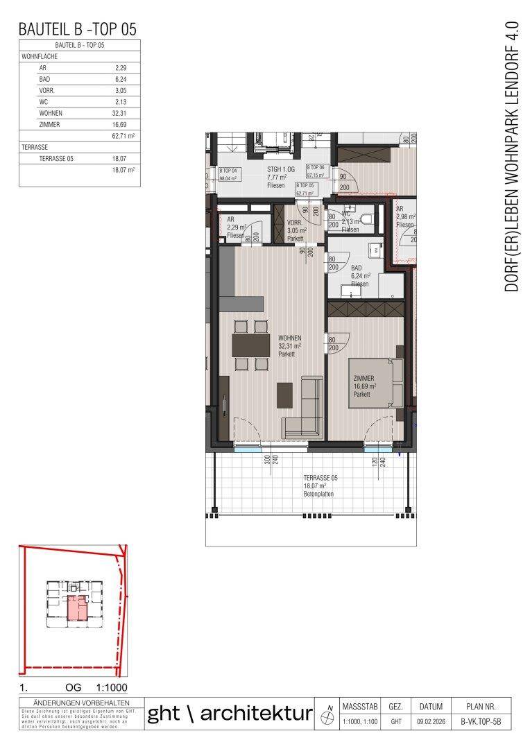 Grundriss der Wohnung Top 05 im Obergeschoss mit Wohnbereich, Schlafzimmer und großer Terrasse.