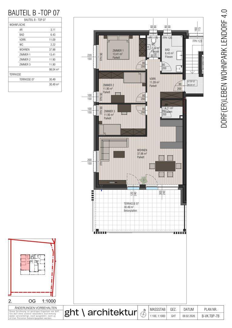 Grundriss einer Wohnung mit drei Schlafzimmern, offenem Wohnbereich und großer Terrasse.