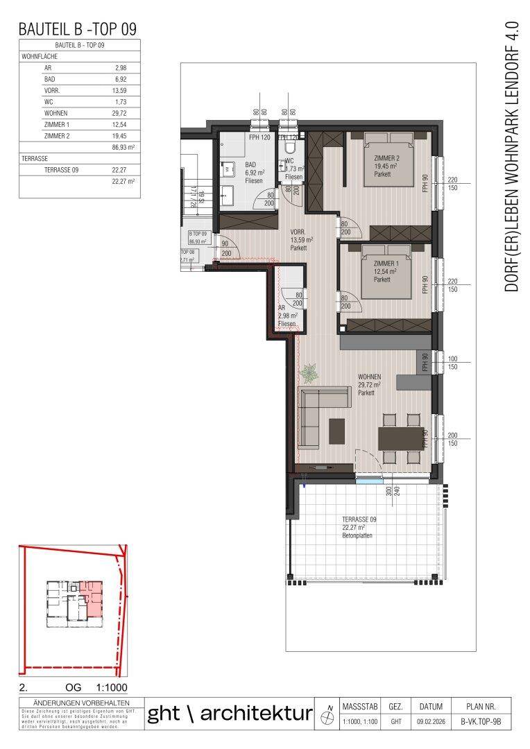 Grundriss einer Wohnung mit drei Zimmern, Terrasse und separatem WC im Obergeschoss.