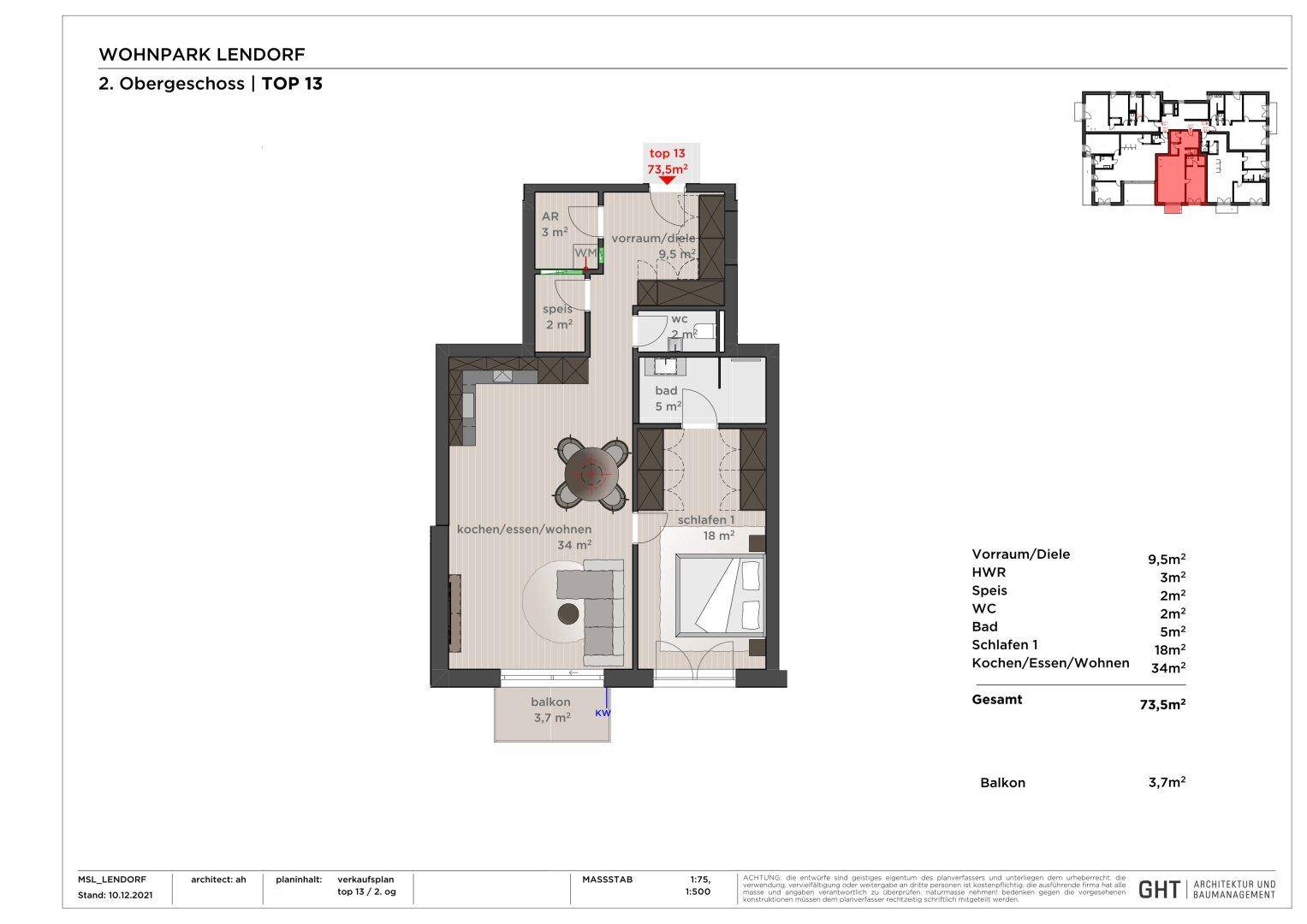 Grundriss der Wohnung Top 13 im 2. Obergeschoss mit Balkon und offenem Wohnbereich.