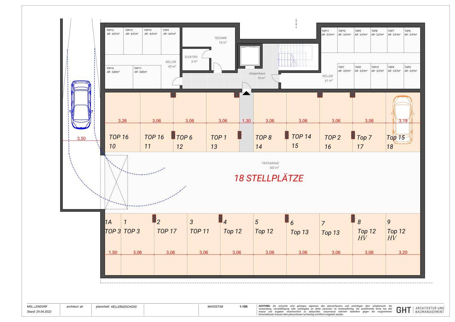 Grundriss der Tiefgarage mit 18 Stellplätzen und Kellerabteilen.