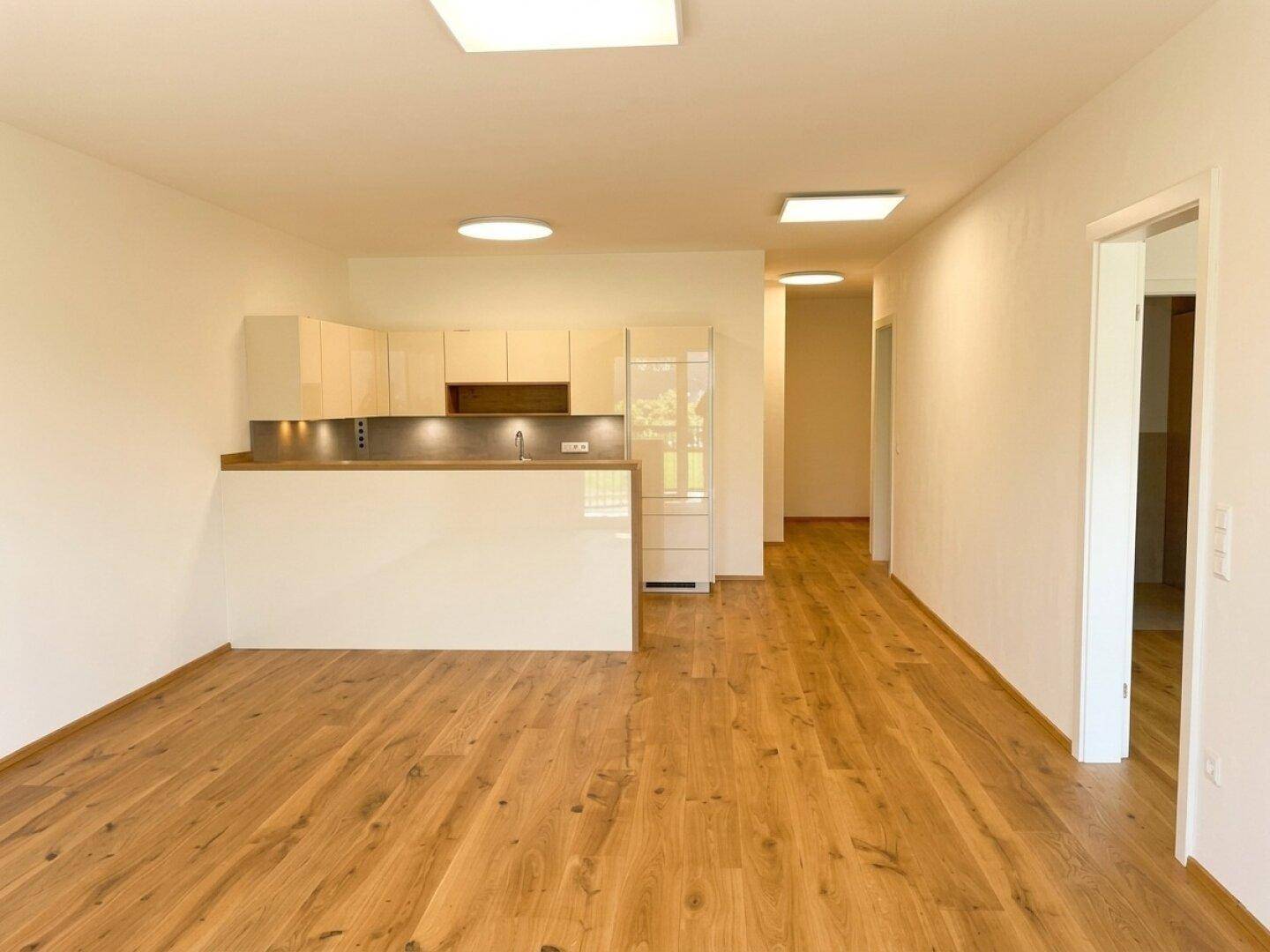 Offener Wohnbereich mit integrierter Küche, Holzboden und moderner Beleuchtung.