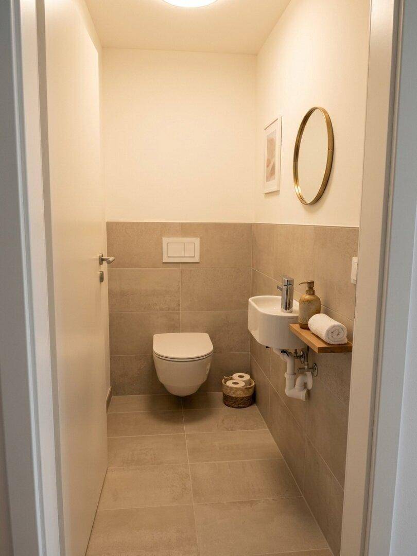 Kleines Gäste-WC mit Wand-WC, modernem Waschbecken und runden Spiegel.