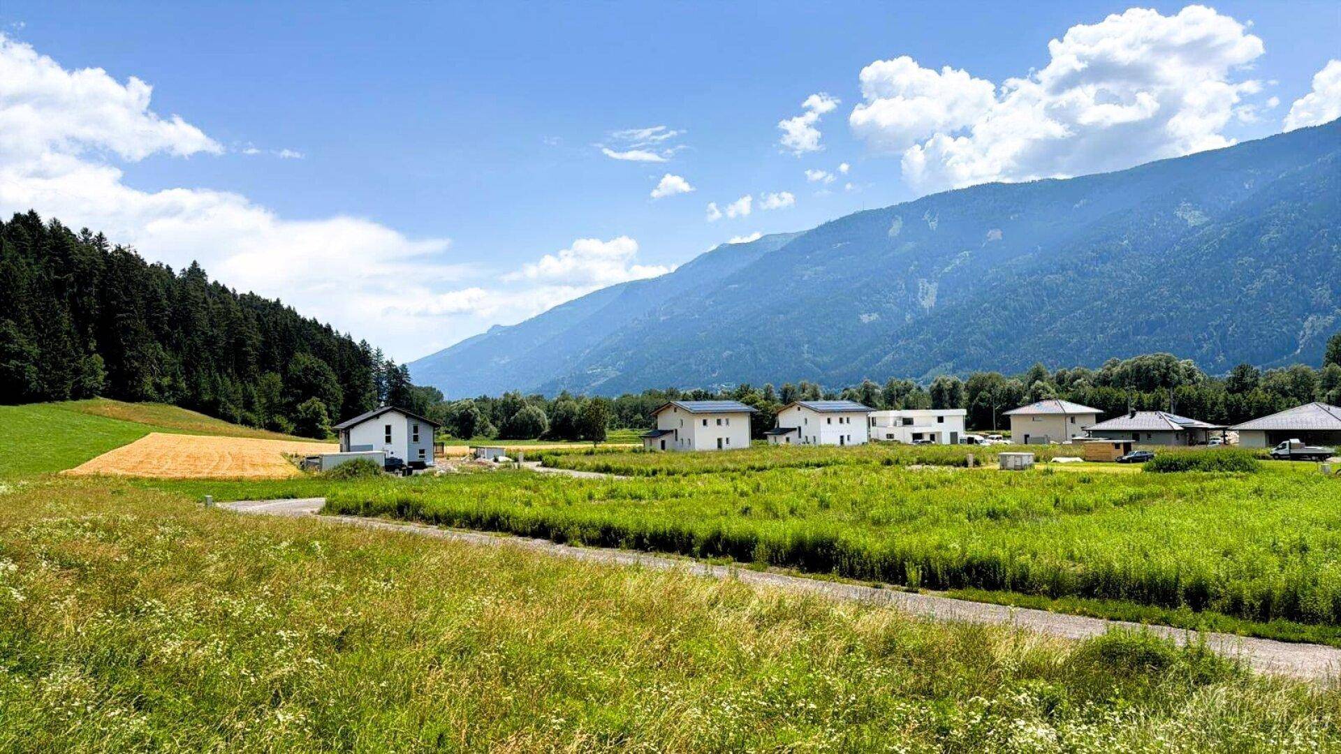 Weitläufige Landschaft mit Feldern, Waldrand und modernen Häusern vor einer imposanten Bergkette.