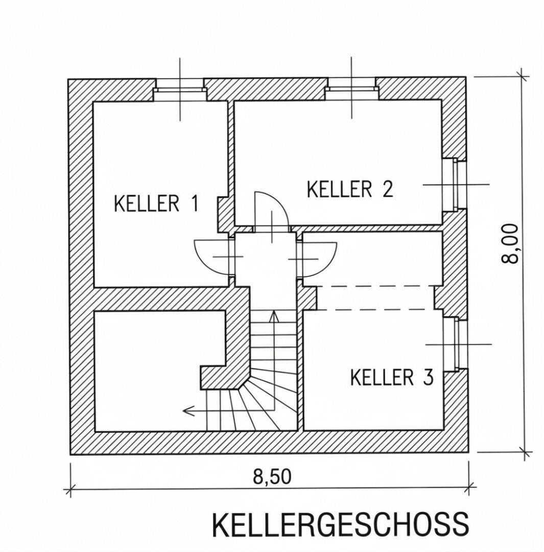 Grundriss des Kellergeschosses mit drei Kellerräumen und Treppenaufgang.