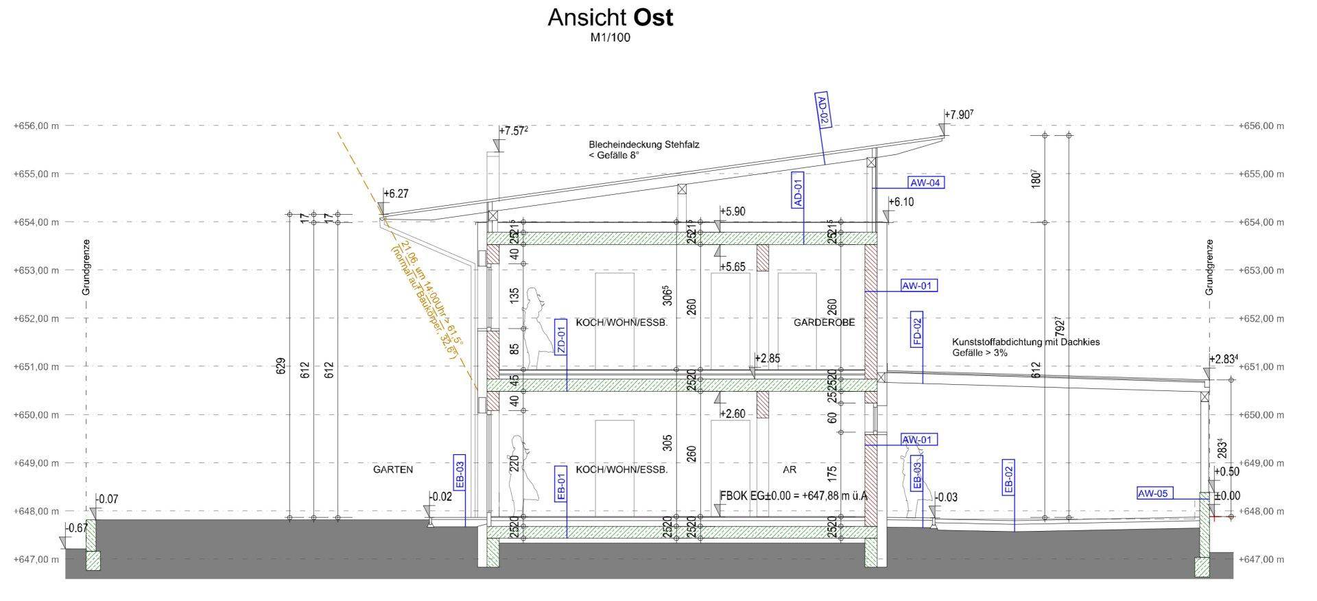 Architektonischer Schnitt der Ostansicht zeigt die Geschosse und Dachkonstruktion des Gebäudes.
