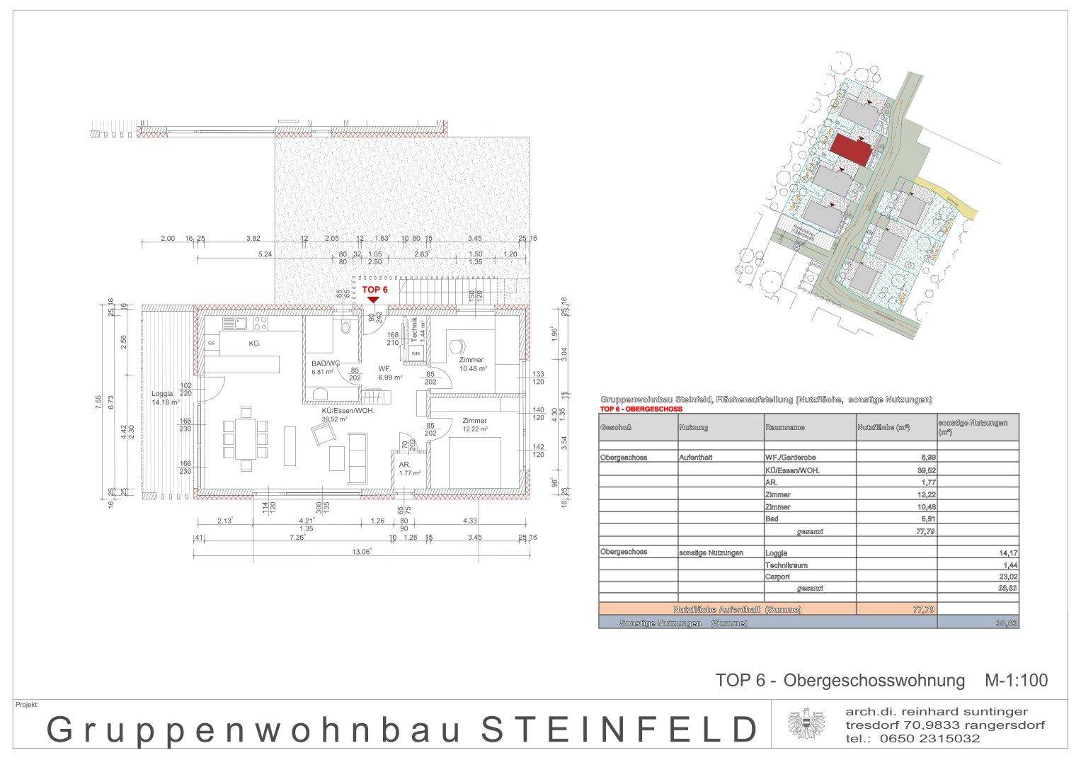 Detaillierter Grundriss der Obergeschosswohnung TOP 6 mit offenem Wohnbereich, Loggia und Flächenübersicht.