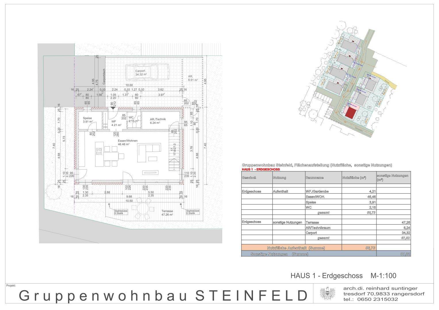 Grundriss des Erdgeschosses von Haus 1 mit offenem Wohnbereich und Terrasse.