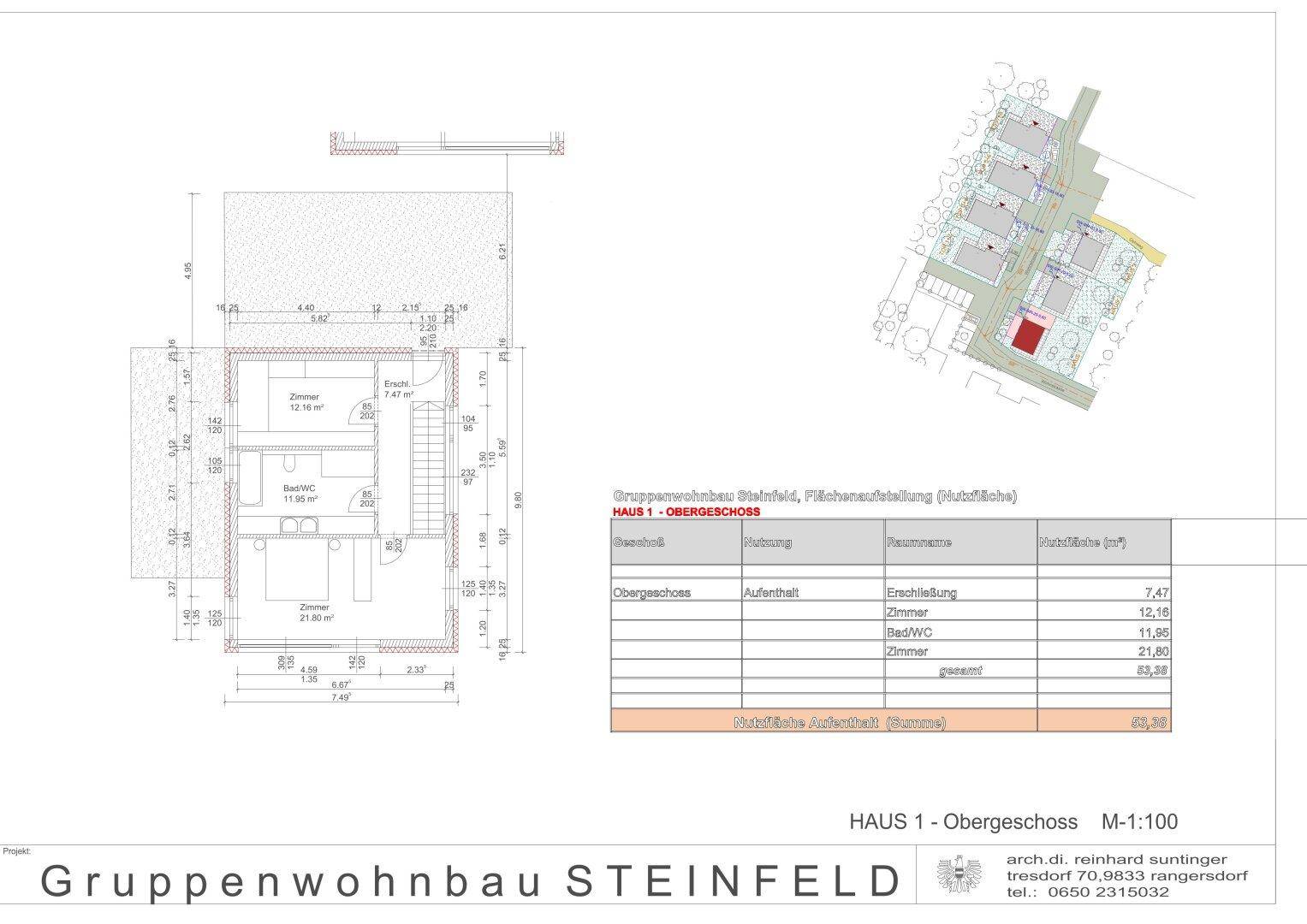 Grundriss des Obergeschosses von Haus 1 mit Schlafzimmern und Badezimmer.