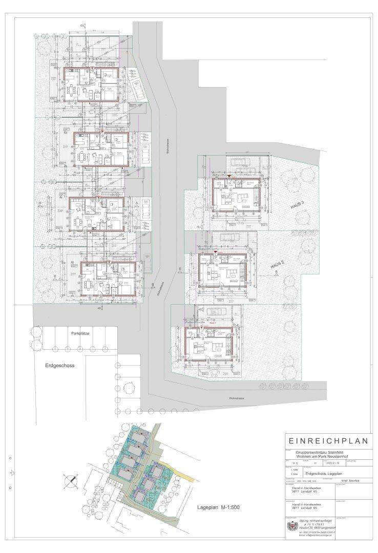 Detaillierter Einreichplan mit Grundrissen für mehrere Wohneinheiten und zugehörigem Lageplan.