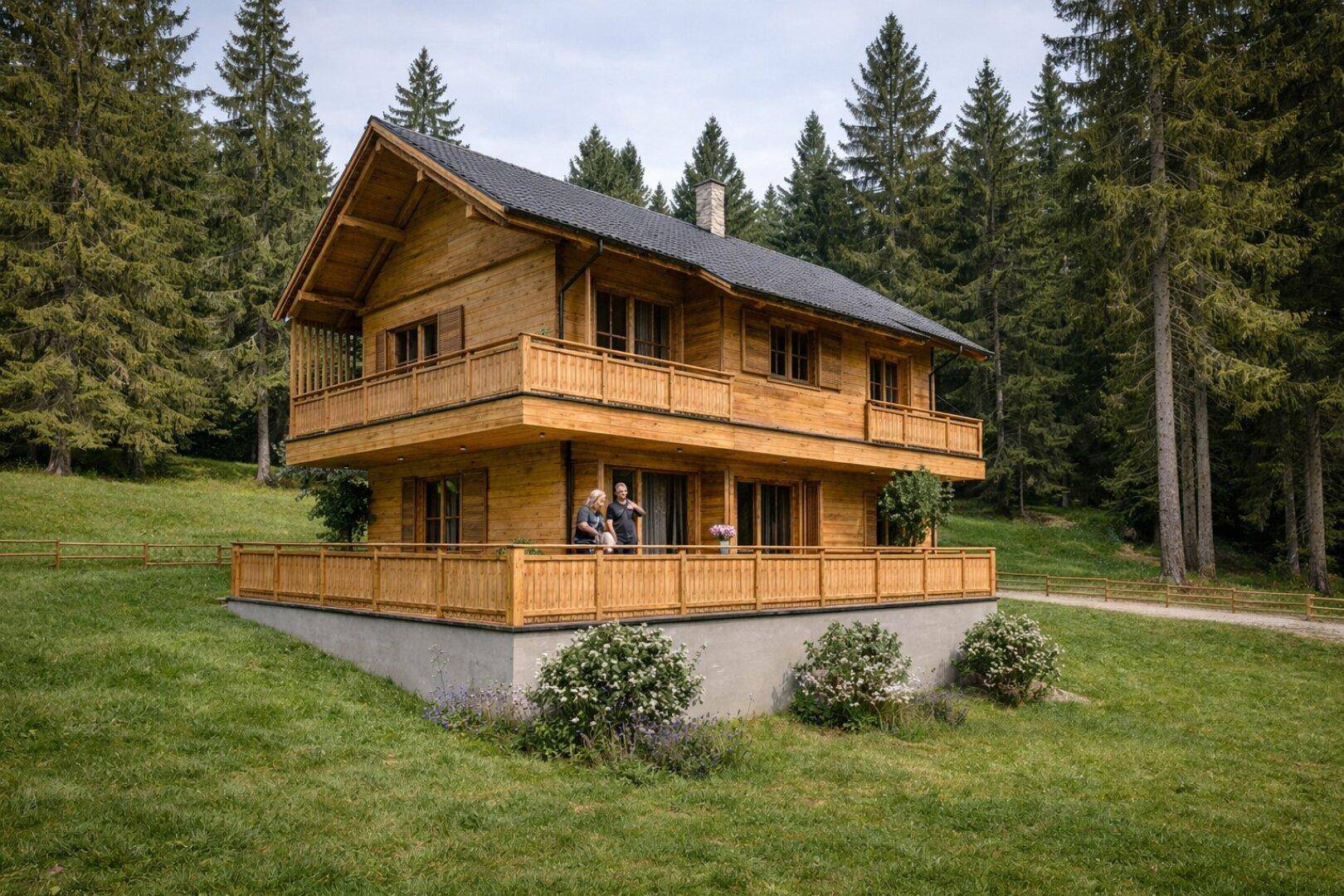 Charmantes Holzchalet mit mehreren Balkonen, umgeben von grünen Wiesen und hohen Nadelbäumen.