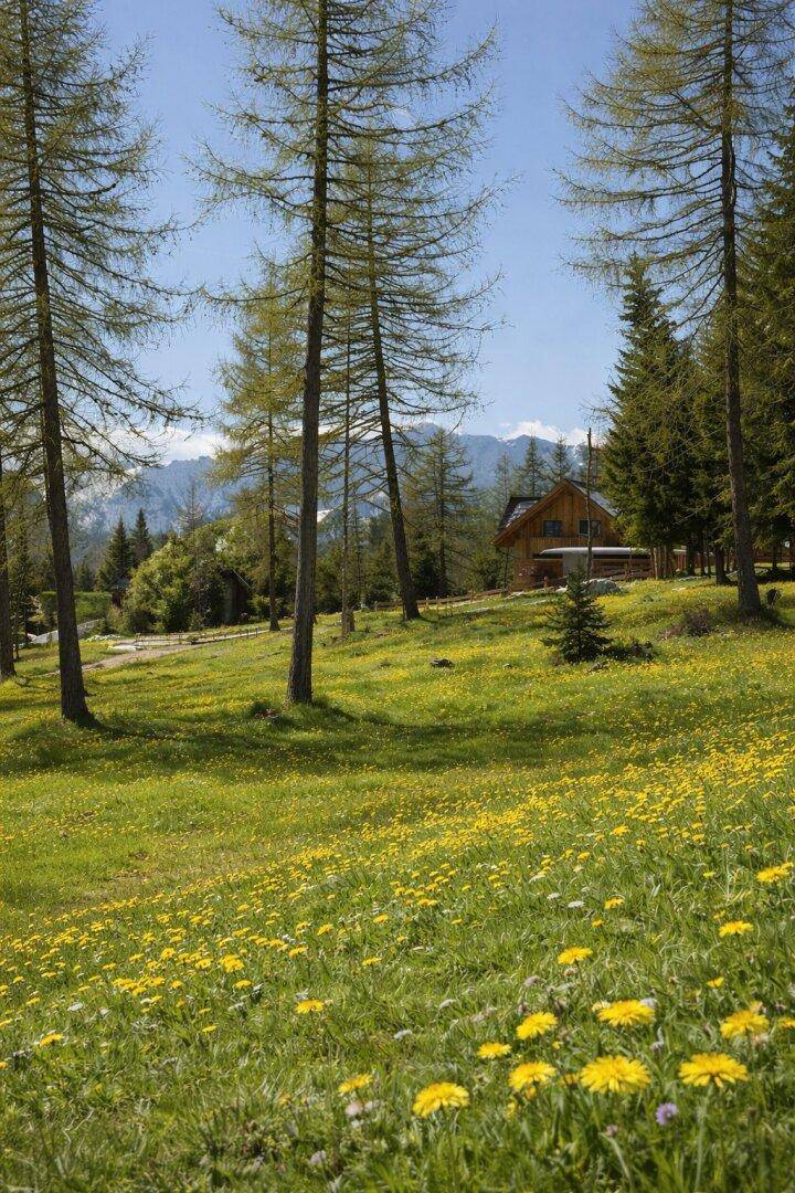 Idyllische Wiesenlandschaft mit gelben Blumen, umgeben von hohen Bäumen und einem Holzhaus im Hintergrund.