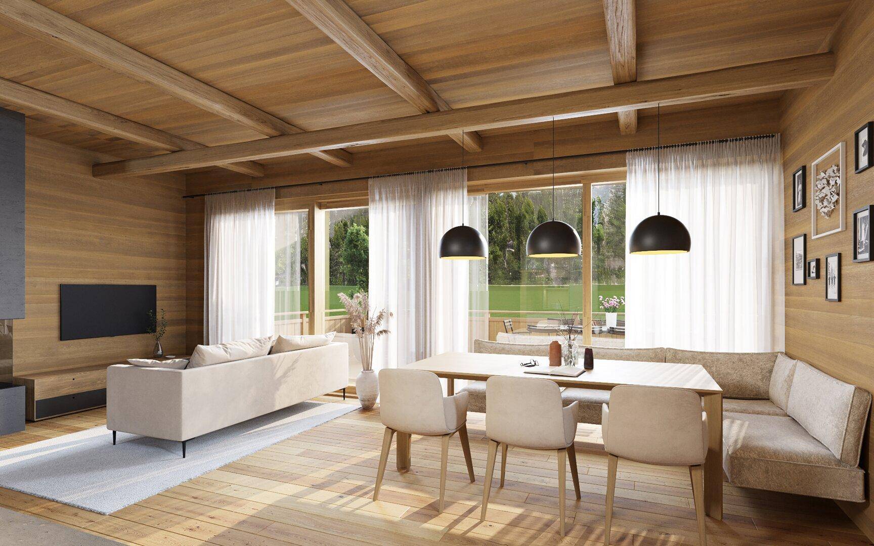 Moderner Wohn-Essbereich mit Holzwänden, Holzbalkendecke und großen Fenstern zum Garten.