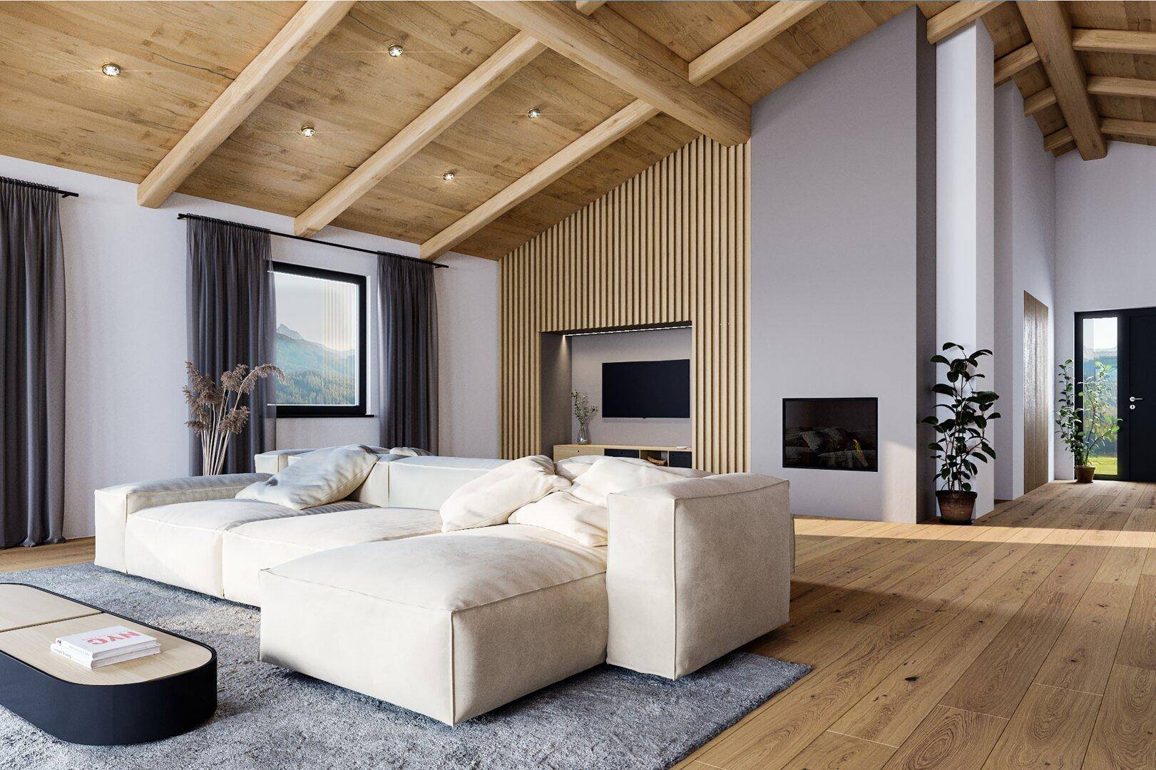 Geräumiges Wohnzimmer mit hoher Holzbalkendecke, großem Ecksofa und modernem Kamin.