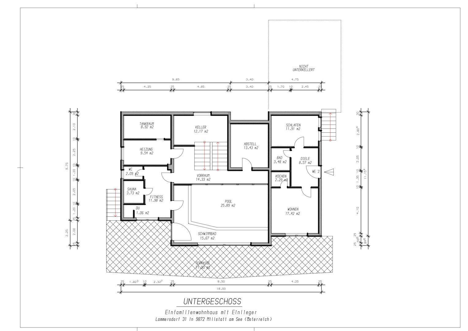 Grundriss des Untergeschosses mit Pool, Sauna, Fitnessraum und weiteren Funktionsräumen.