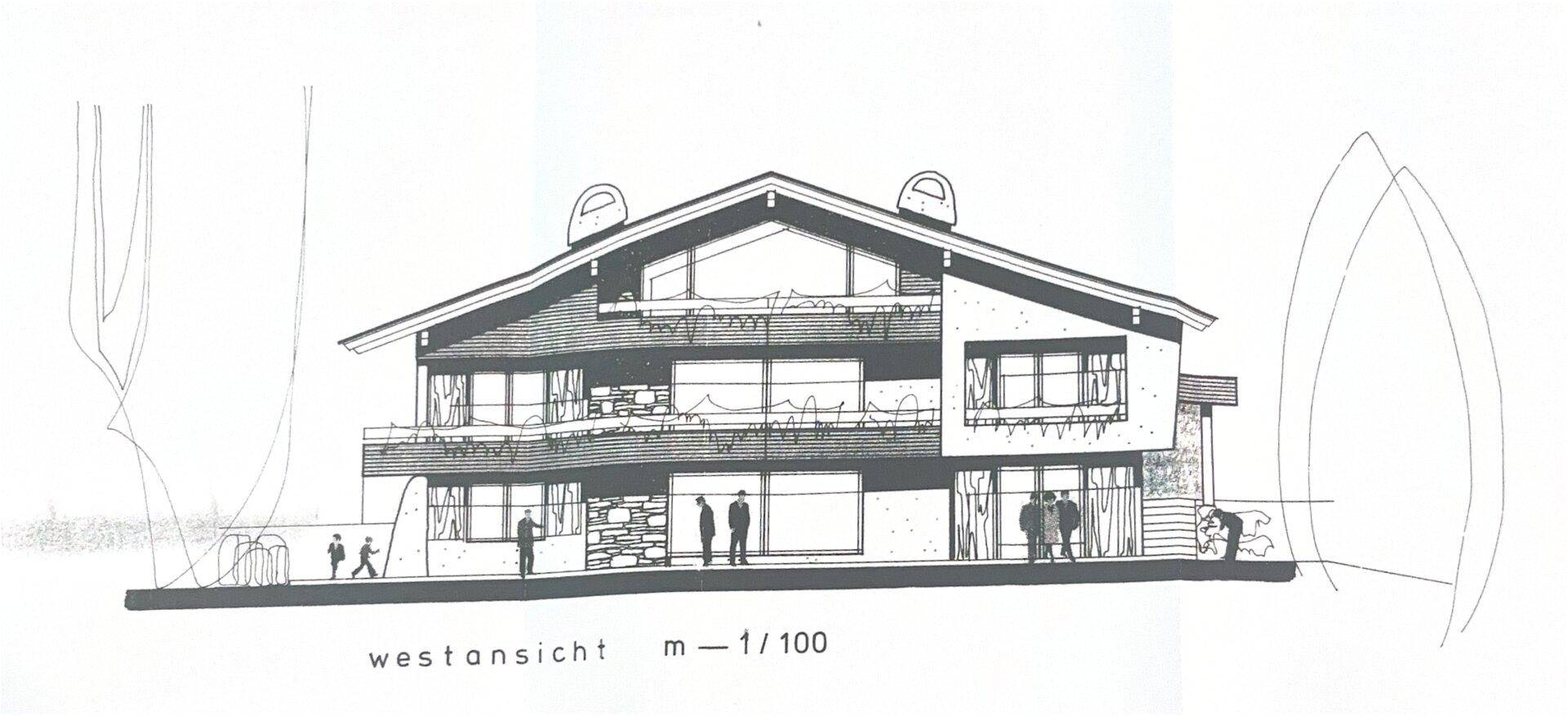 Architektonische Westansicht des Gebäudes mit mehreren Etagen und Balkonen.