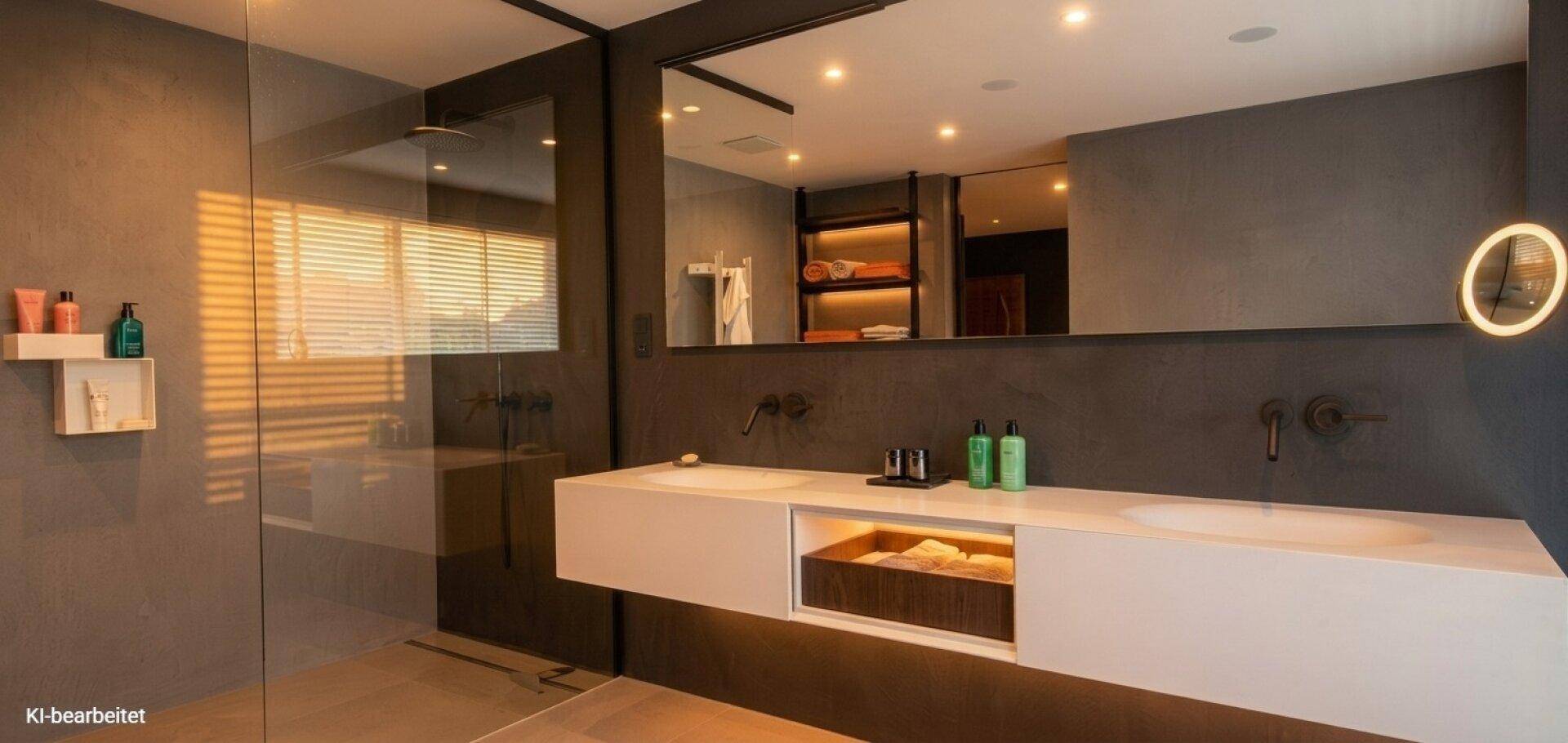 Luxuriöses Badezimmer mit Doppelwaschbecken, großer begehbarer Dusche und moderner Beleuchtung.