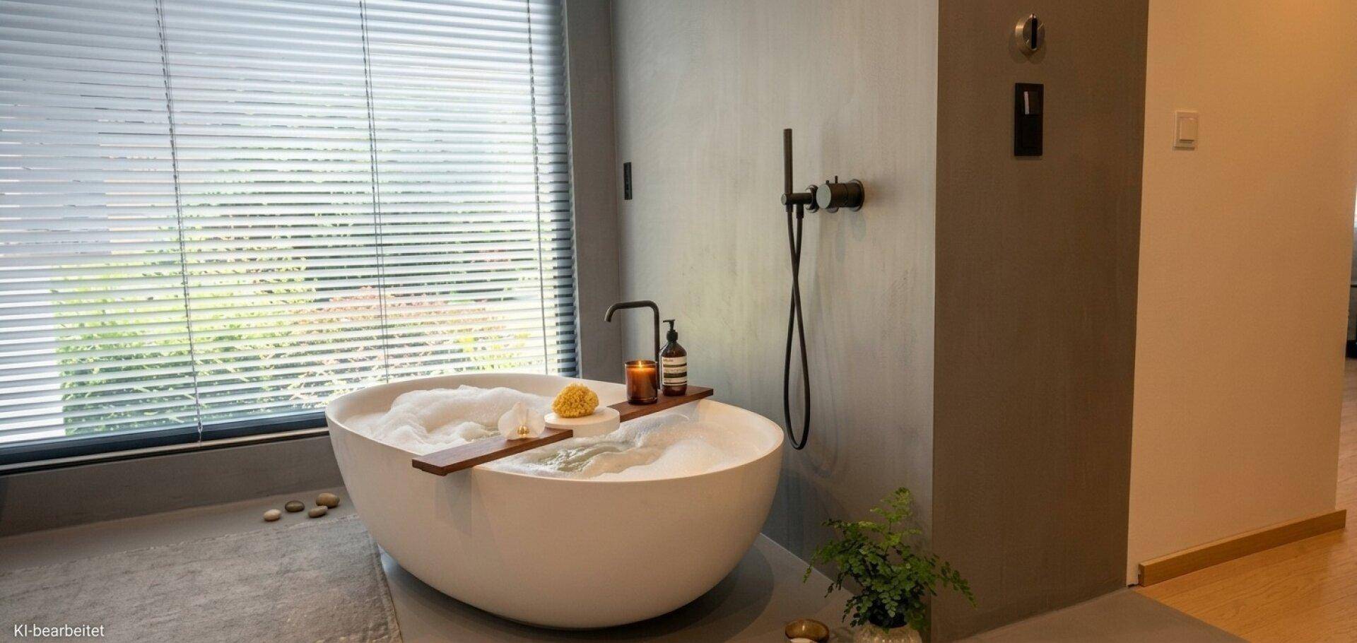 Modernes Badezimmer mit freistehender Badewanne und großem Fenster für viel Tageslicht.