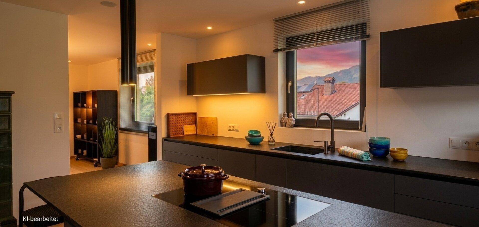 Elegante Küche mit dunklen Arbeitsplatten, Induktionskochfeld und Bergblick durch das Fenster.