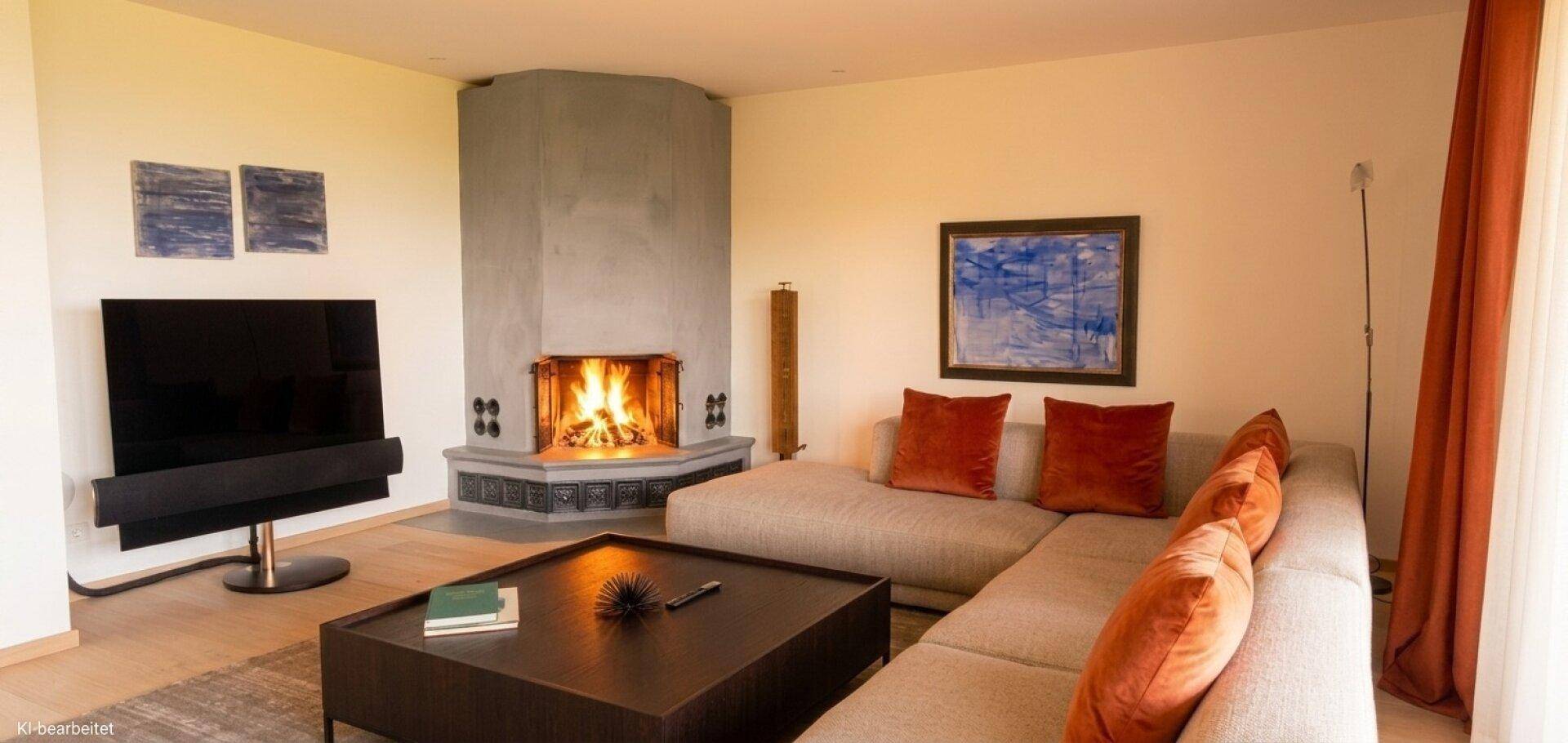Helles Wohnzimmer mit modernem Kamin, großem Ecksofa und stilvoller Einrichtung.