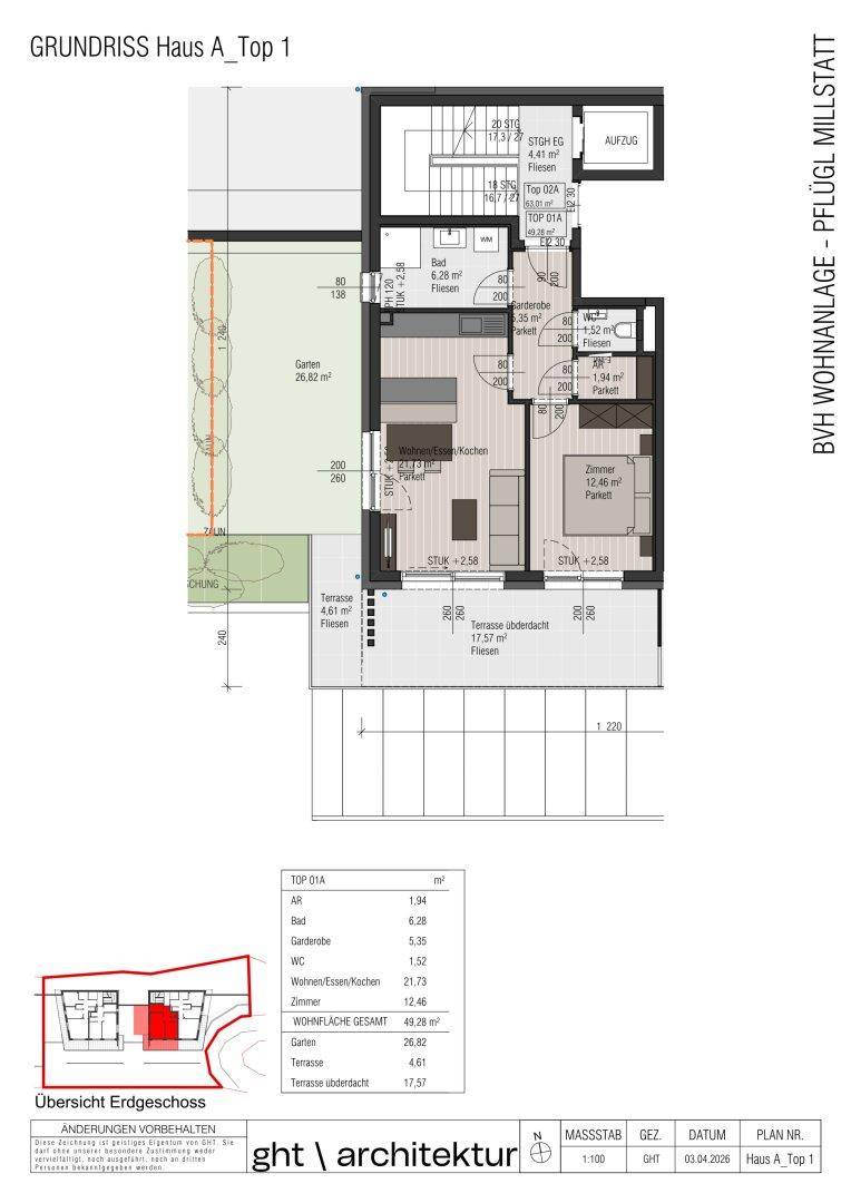 Grundriss des Erdgeschosses von Haus A, Top 1, mit Terrasse, Garten und Aufzugzugang.