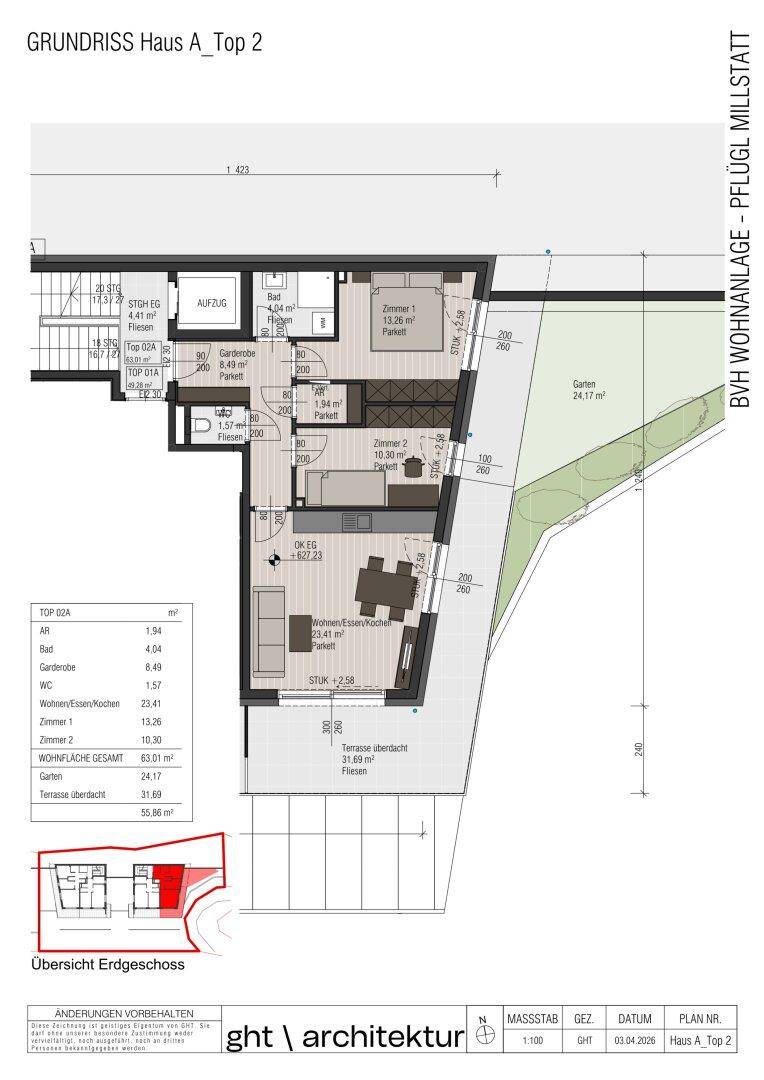 Detaillierter Grundriss einer Wohnung (Top 2) mit offenem Wohnbereich, zwei Schlafzimmern, Terrasse und Garten.