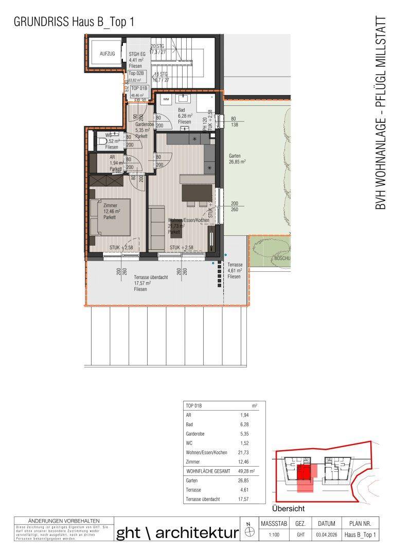 Detaillierter Grundriss einer Erdgeschosswohnung mit offenem Wohnbereich, Schlafzimmer, Bad und Zugang zu Garten und überdachter Terrasse.