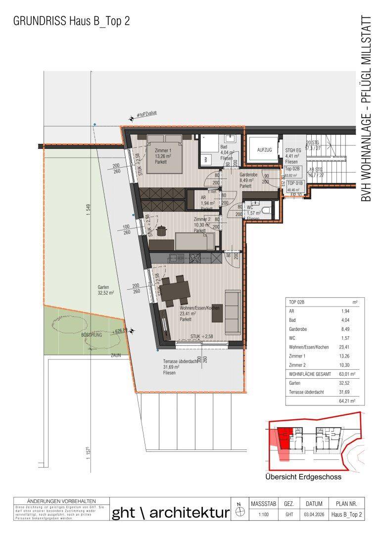 Grundriss einer Wohneinheit mit offenem Wohnbereich, Schlafzimmer und Gartenanteil.