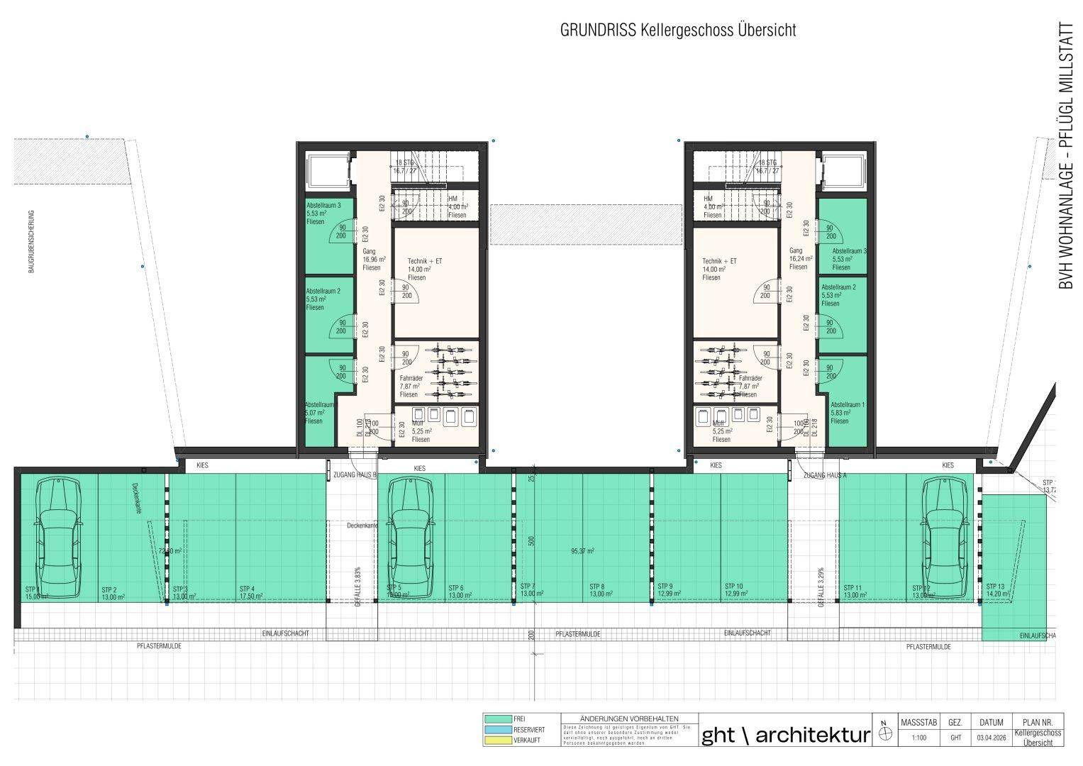 Grundriss des Kellergeschosses mit Tiefgaragenstellplätzen, Technik- und Abstellräumen.