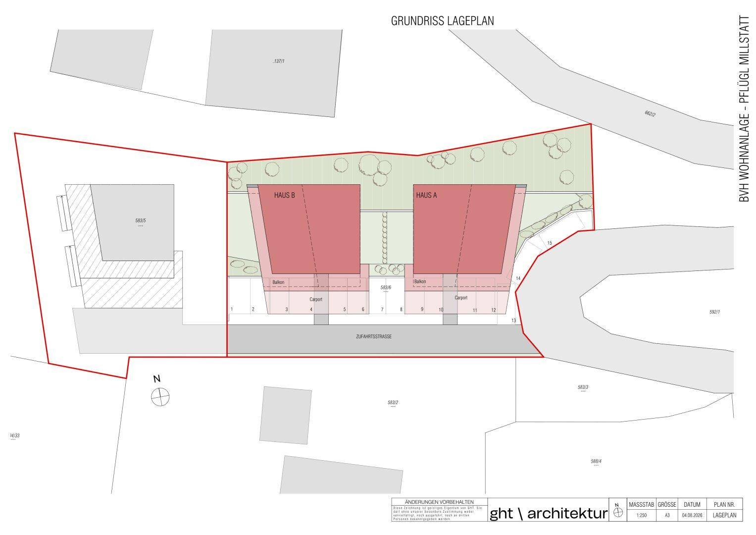 Lageplan der Wohnanlage mit den Gebäuden Haus A und Haus B, umgeben von Grünflächen und Zufahrtswegen.