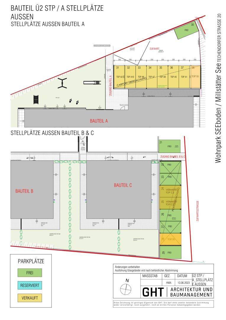 Übersichtsplan der Außenstellplätze für die Bauteile A, B und C.
