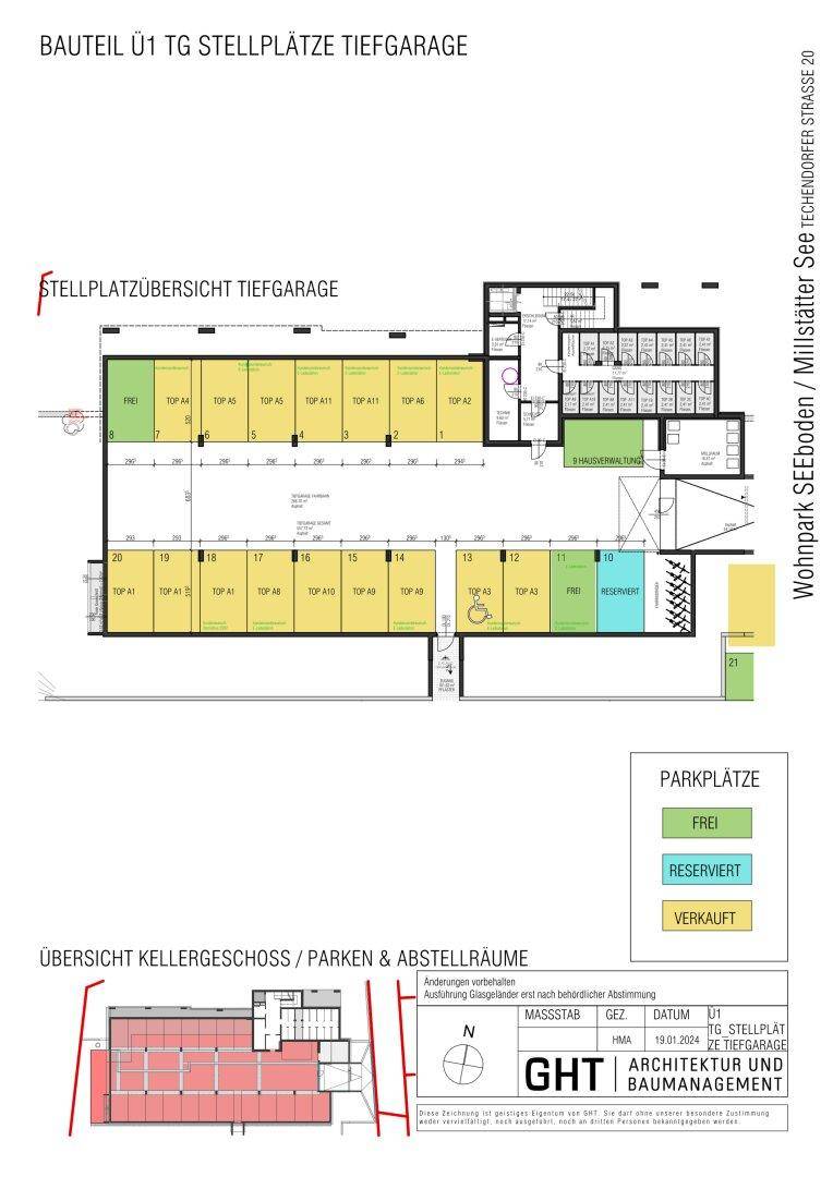 Grundriss der Tiefgarage mit Stellplätzen und Kellergeschossen.