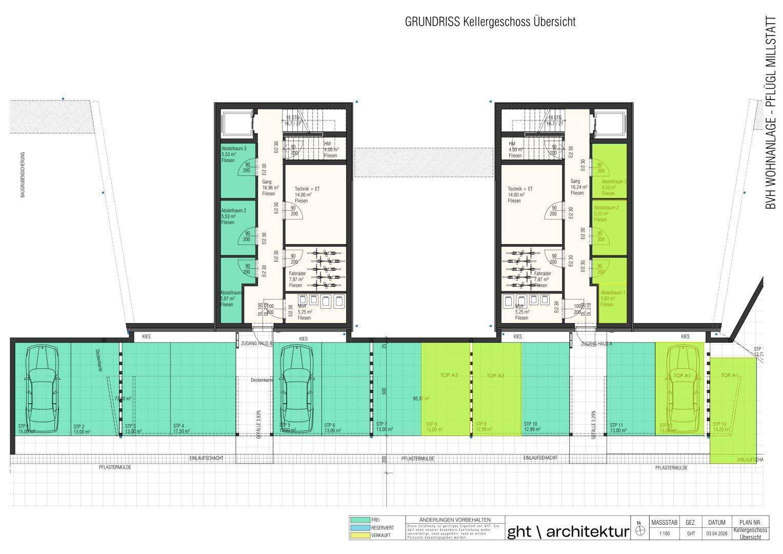 Grundriss des Kellergeschosses mit Tiefgaragenstellplätzen, Abstellräumen und Fahrradräumen für eine Wohnanlage.
