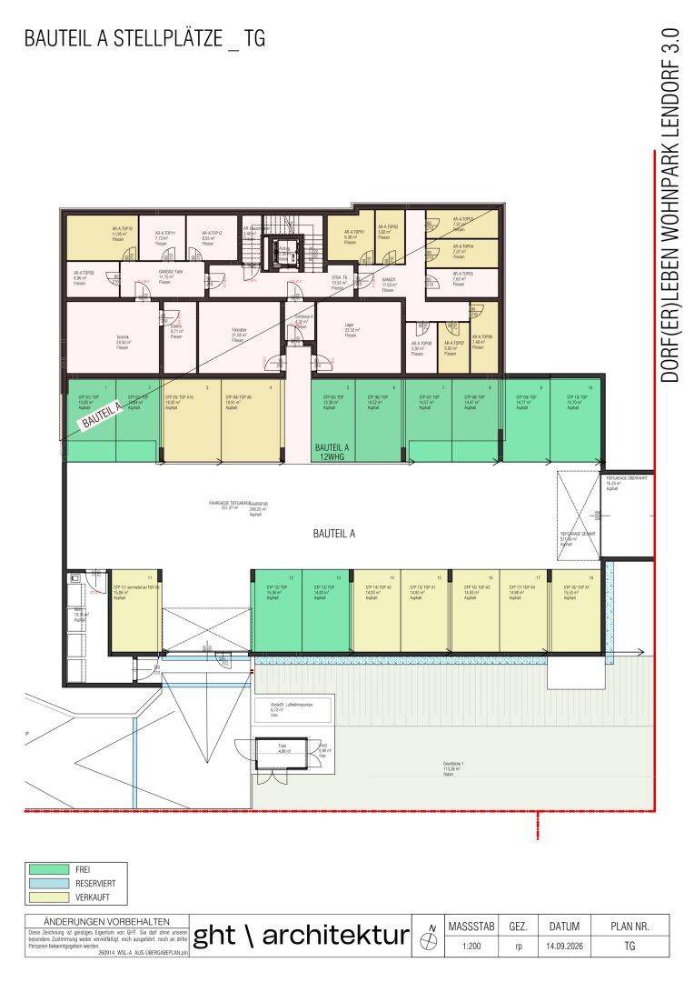 Grundrissplan des Untergeschosses von Bauteil A mit zahlreichen Stellplätzen und Abstellräumen.