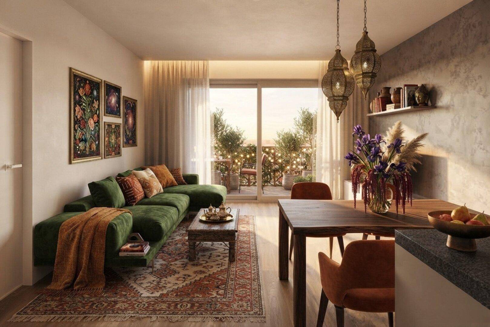 Gemütlicher Wohn- und Essbereich mit orientalischen Akzenten und Zugang zum Balkon.