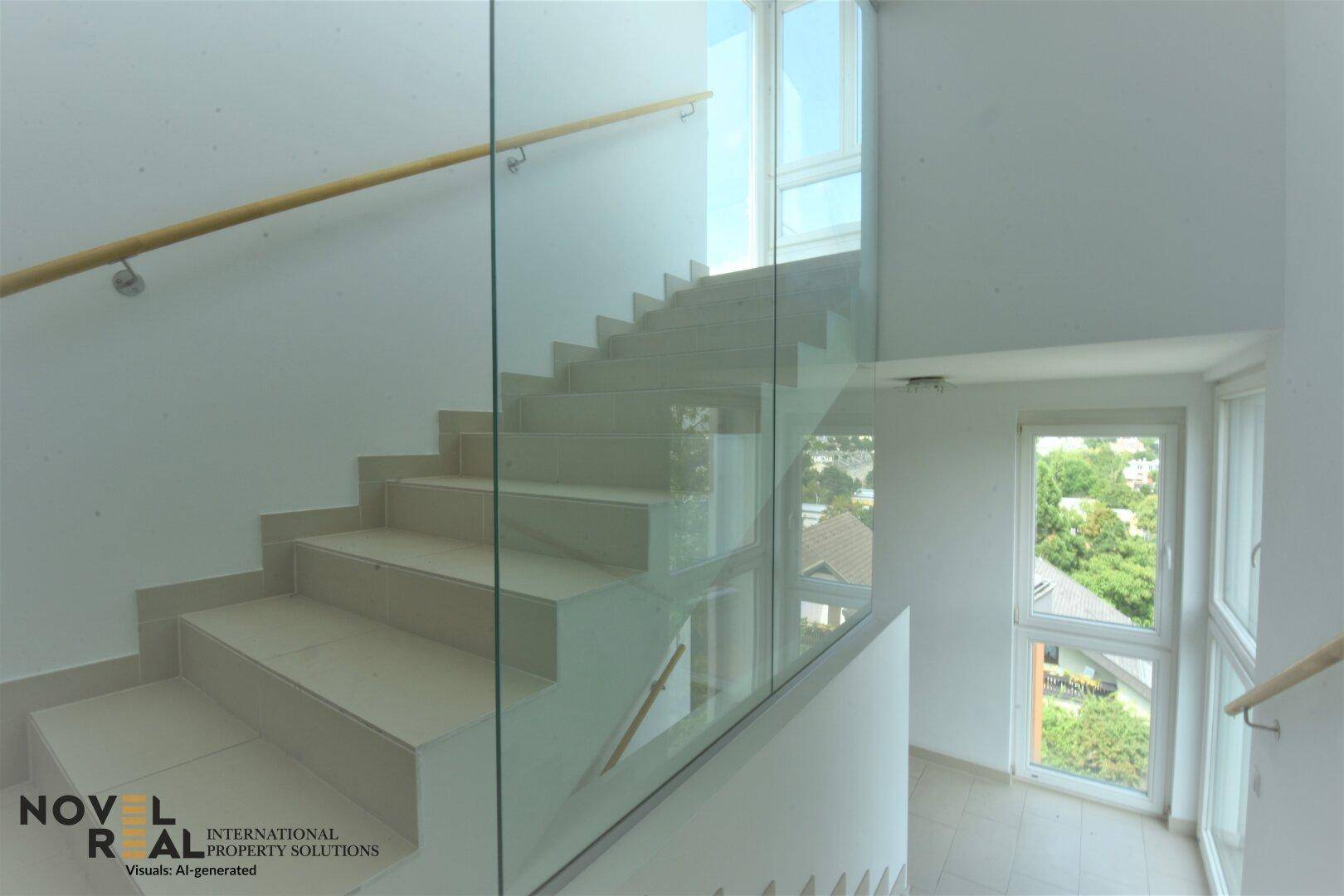 Helles Treppenhaus mit moderner Glasbrüstung und Holzhandlauf, das viel Tageslicht hereinlässt.