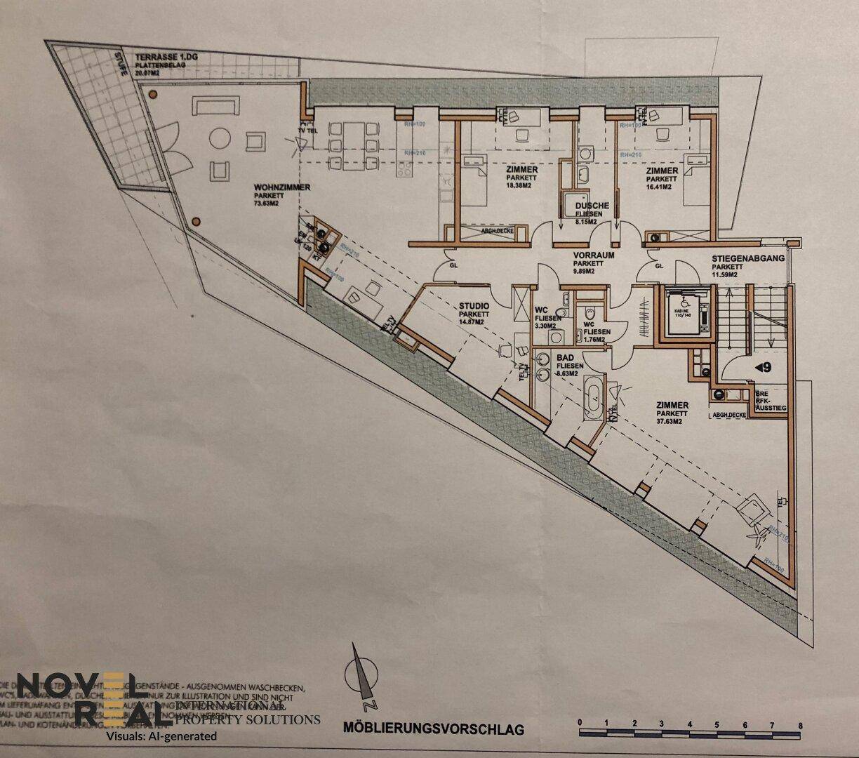 Grundriss mit Wohnzimmer, mehreren Zimmern, zwei Bädern und einer großen Terrasse.