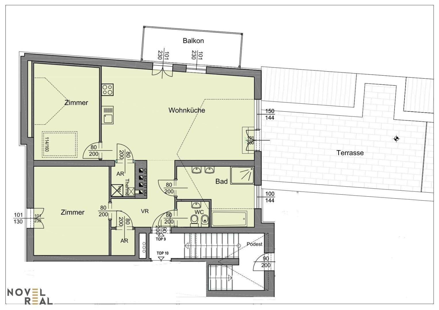 Grundriss der Wohnung mit Wohnküche, zwei Zimmern, Bad, WC, Balkon und Terrasse.
