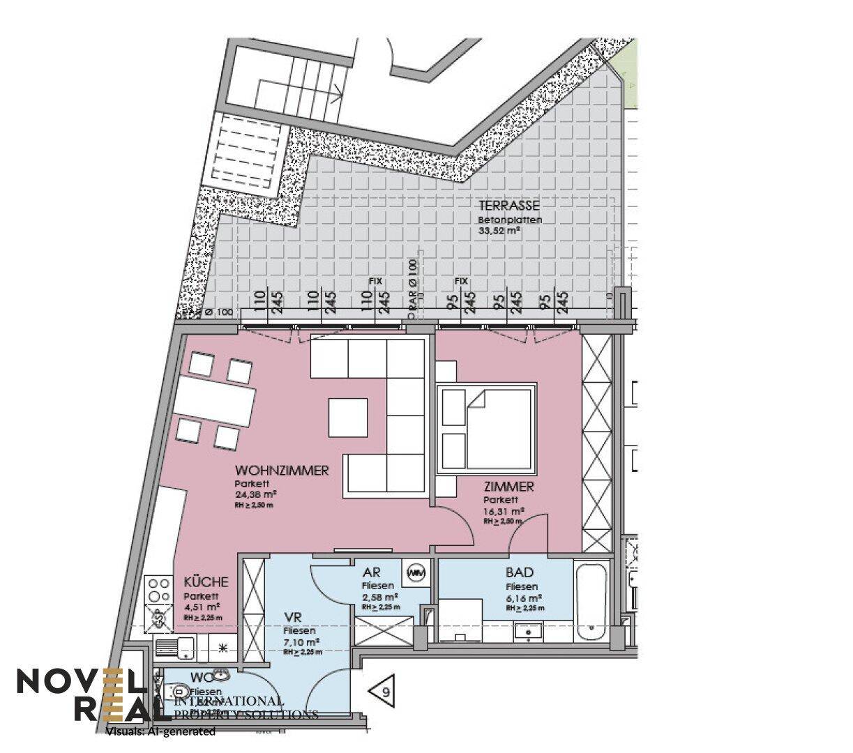 Detaillierter Grundriss einer Wohnung mit Wohnzimmer, Schlafzimmer, Bad und großer Terrasse.