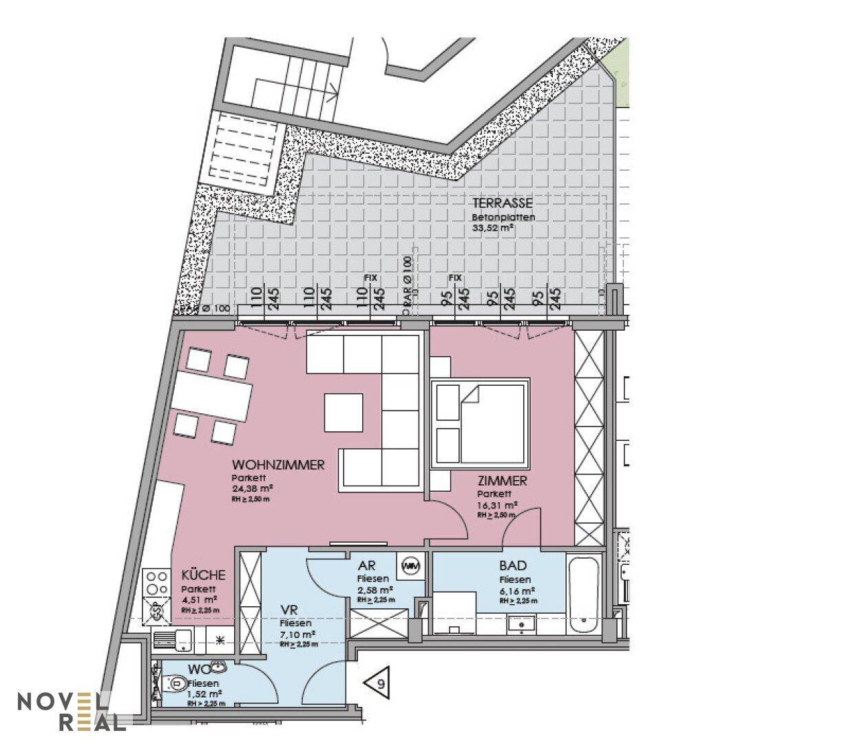 Detaillierter Grundriss einer Wohnung mit Wohnzimmer, Schlafzimmer, Küche und Terrasse.