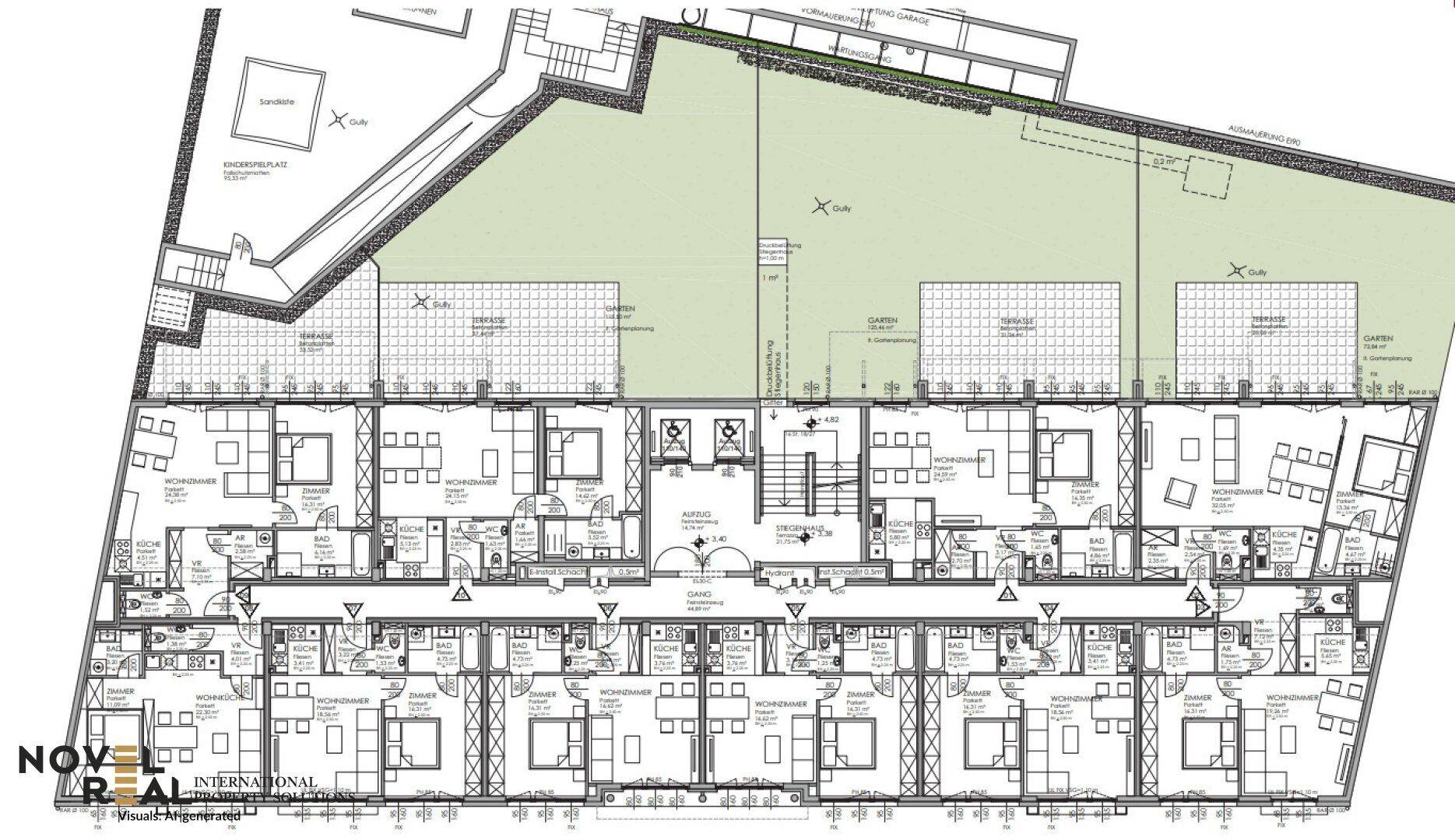 Gesamtgrundriss eines Gebäudes mit mehreren Wohneinheiten, Terrassen und Grünflächen.