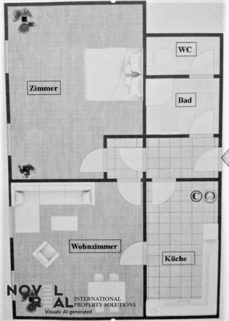Grundriss der Wohnung mit Zimmer, Wohnzimmer, Küche, Bad und WC.