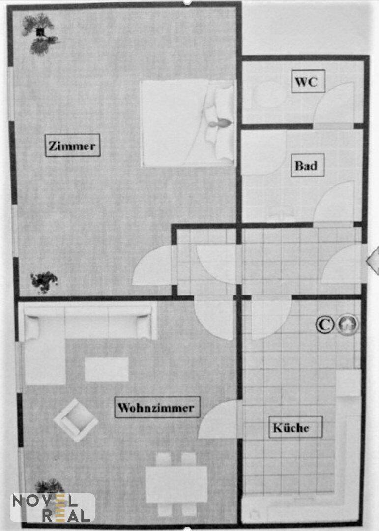 Grundriss der Wohnung zeigt Zimmer, Küche, Bad und separates WC.