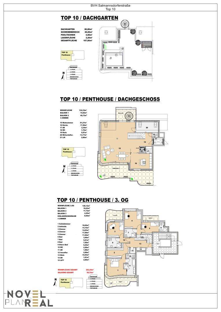 Übersicht der Grundrisse für das Penthouse Top 10, inklusive Dachgarten, Dachgeschoss und 3. Obergeschoss.