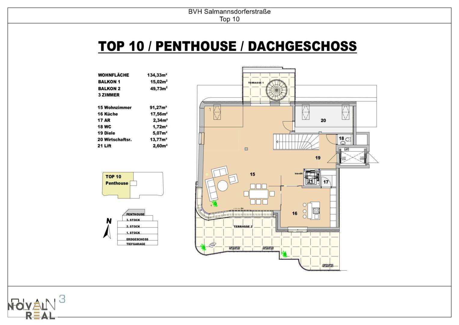 Grundriss des Dachgeschosses (Top 10 Penthouse) mit Wohnzimmer, Küche und großer Terrasse.