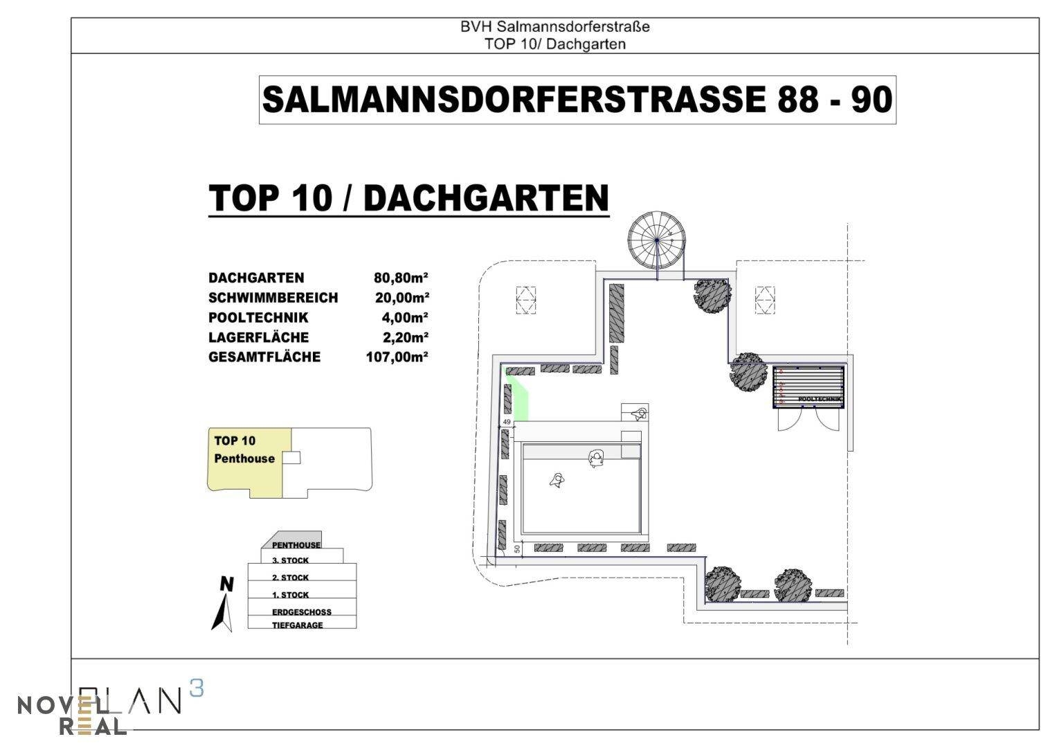 Grundriss des Dachgartens (Top 10 Penthouse) mit Schwimmbereich und Lagerfläche.