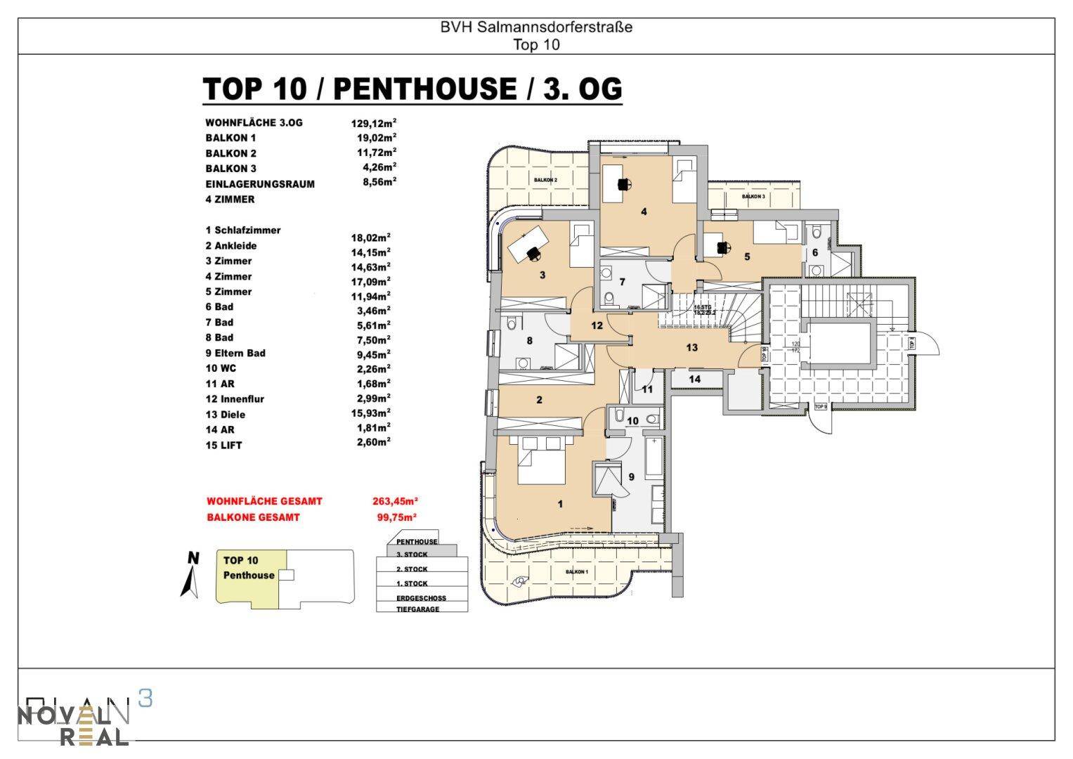 Grundriss des 3. Obergeschosses (Top 10 Penthouse) mit mehreren Schlafzimmern und Balkonen.