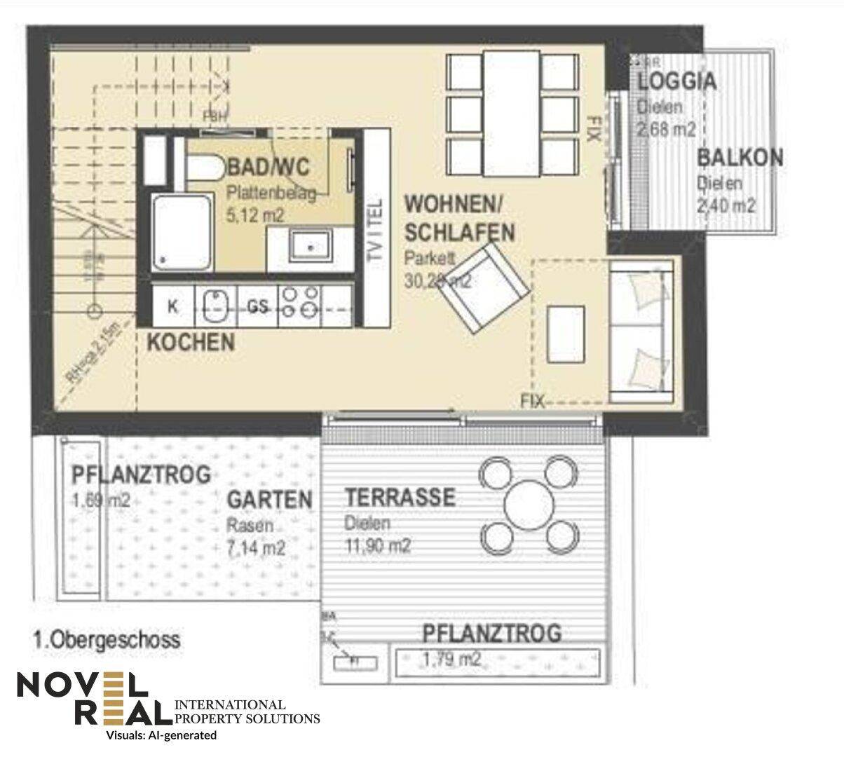 Grundriss des 1. Obergeschosses mit Wohn-/Schlafbereich, Küche, Bad, Loggia und Balkon.