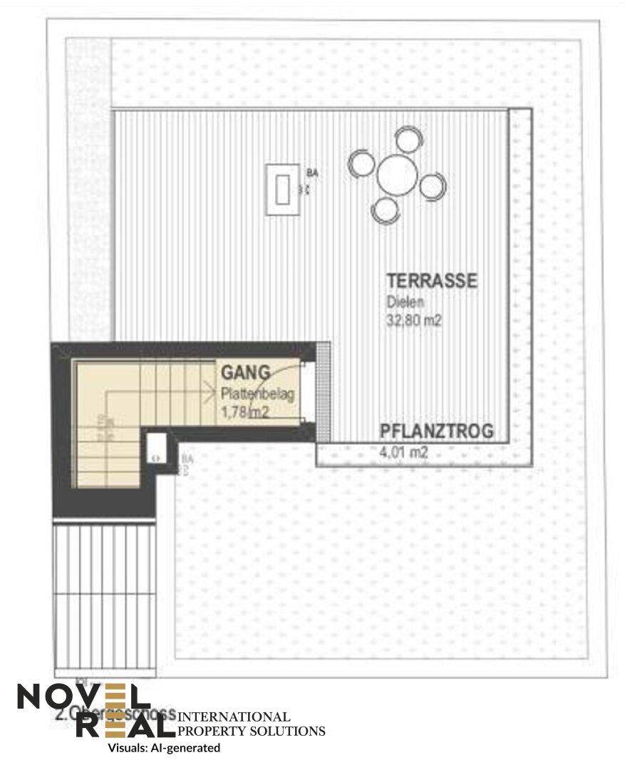 Grundriss des 2. Obergeschosses mit großer Dachterrasse und Gangbereich.
